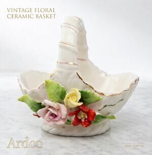 Vintage ARDCO Taiwan Porcelain Flower Basket Applied Roses Gold Trim 5 Inch